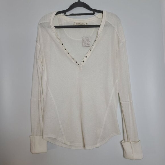 Free People Military Mix Henley Long‎ Sleeve Top Cream Combo Size Small NWT - Picture 2 of 11
